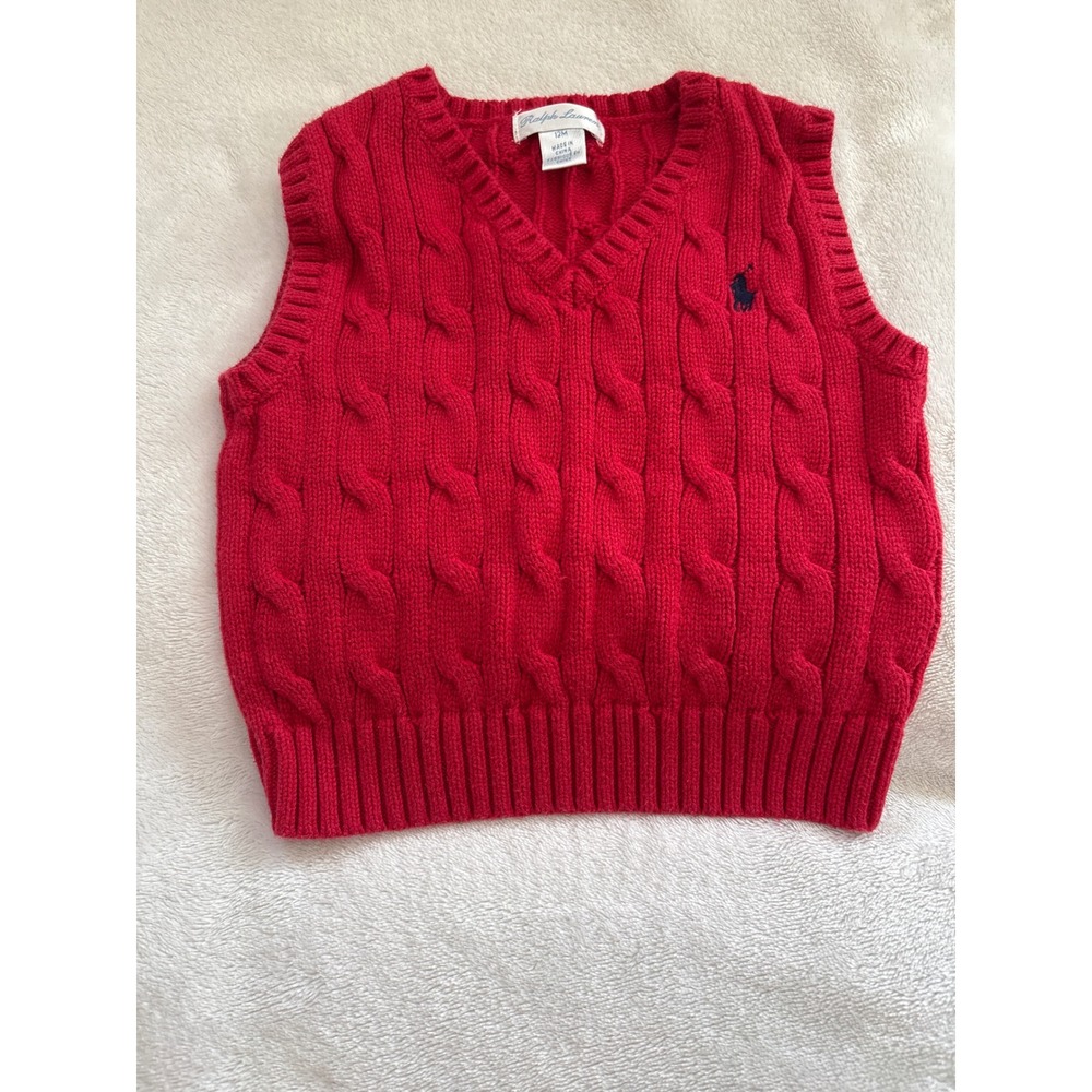 Ralph Lauren Baby Boys Red Cable Knit Sweater Vest V-Neck Pony Logo 12M